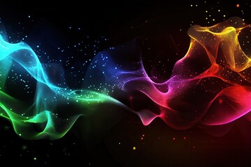 Poster - Colorful abstract waves of light and particles flowing across a dark background