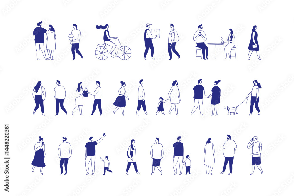 Background stylized people silhouette line vector set isolated on white ...