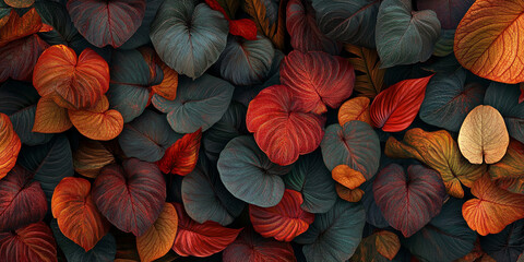 Poster - Close-up of textured leaves in autumnal hues: red, orange, and dark teal.  Rich, saturated colors create a lush, natural feel, ideal for fall or nature-themed designs