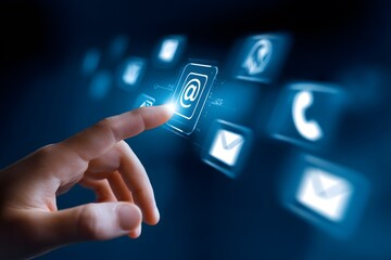 a human hand interacts with a futuristic digital interface displaying various communication icons su