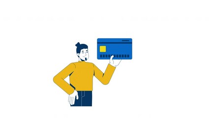 Poster - Credit card with spending categories 2D animation. Daily cashless finances. Lifestyle budget. Man holding creditcard animated character cartoon flat concept metaphor 4K video isolated on white