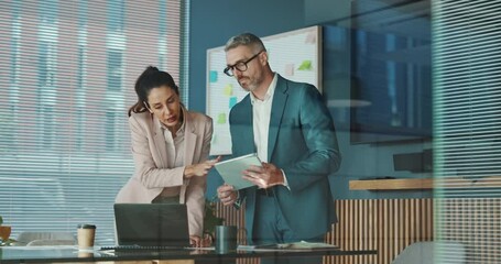 Aufkleber - Business people, tablet and teamwork in office, planning and connection for online tax schedule. Employees, man and woman in workplace, tech and accounting with digital app for investment or internet