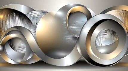 Poster - Abstract background with metallic circles and a gradient. Silver, gold, and gray tones. Interlocking circular shapes with a textured effect. Light and shadow create depth. Subtle highlights and