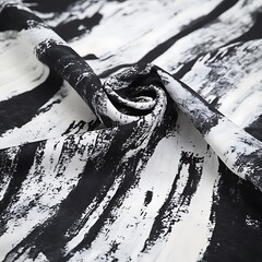 Poster - Close up view of black and white abstract fabric texture. The fabric shows a pattern of brushstrokes in varying shades of white and black, creating a dynamic and artistic textile surface. The image