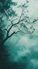 Poster - Silhouette of tree branches against a teal-green foggy sky, conveying mystery, serenity, and the passage of time, ideal for atmospheric mood boards or artistic projects