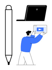 Poster - man holding tablet with video player interface, large pen, and laptop nearby. ideal for creativity, 