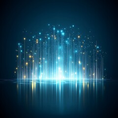 Leinwandbilder - Abstract digital cityscape at night, glowing blue and gold vertical lines with bright light reflecting on dark water, futuristic and technological concept