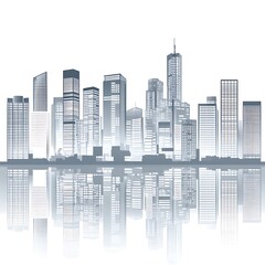 Poster - Gray city skyline reflected in water, minimalist style, urban landscape illustration. Modern cityscape with various building heights and shapes, clean lines, simple design.  The image evokes a sense