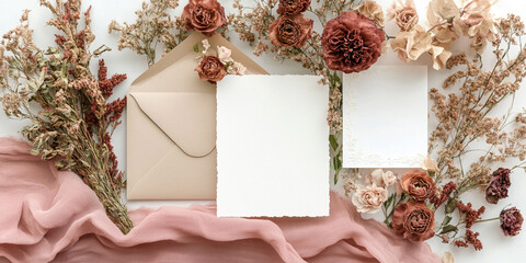 Poster - Flatlay showcasing blank stationery cards and envelope, adorned with dried flowers and blush fabric, ideal for wedding invitations or branding mockups