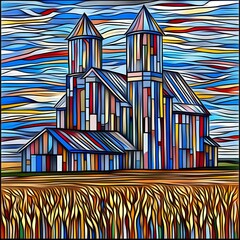 Poster - Vibrant, multicolored illustration of farm buildings, including silos and a barn, set against a colorful, stylized sky and golden wheat field. The style is reminiscent of stained glass or mosaic art