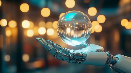 Poster - Robotic hand gently cradles a glowing glass sphere against a bokeh background of warm lights. The metallic hand is detailed, reflecting light, creating a futuristic and technological atmosphere. The