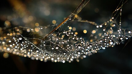 Wall Mural - Delicate Water Droplets on Intricate Spider Web in Soft Focus