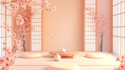 Poster - Pastel pink and peach room with cherry blossoms, low wooden table and floor cushions. Soft lighting and serene atmosphere