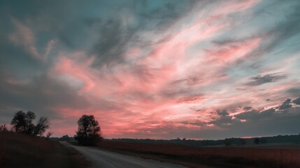 Wall Mural - Stunning Sunset Over Field with Vibrant Clouds and Serene Road