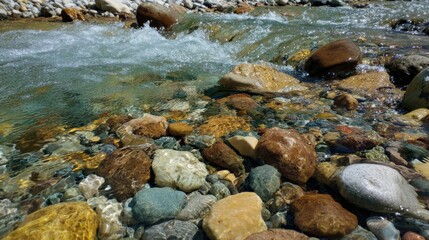 Wall Mural - Clear Stream Flowing Over Colorful Stones in Natural Environment