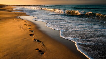 Wall Mural - tranquil sunset at the beach with footprints in the golden sand