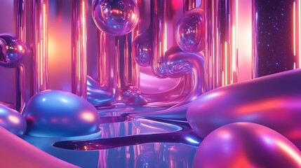 Poster - Abstract 3D rendering of a surreal landscape with vibrant pink and purple iridescent spheres, smooth organic shapes, and reflective surfaces. Neon like lighting creates a futuristic atmosphere