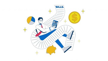 Poster - Paying bills happy 2D animation. Expenses control. Financial review budget. Asian man accountant calculating taxes animated character cartoon flat concept metaphor 4K video isolated on white