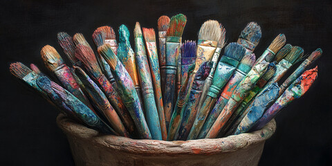 Poster - Many paintbrushes, various sizes and colors, filled with paint, in a clay pot, showcasing creativity and artistic process