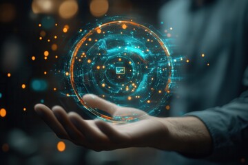 Poster - Futuristic hand holding a glowing digital interface with data visualization elements