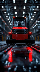 Poster - A red forklift is parked in a dimly lit warehouse. The image has a moody and industrial feel, with the red color of the forklift standing out against the dark background