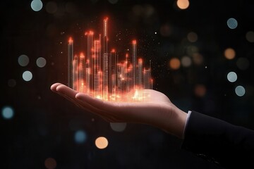 Poster - Futuristic hand holding glowing cityscape with lights, symbolizing technology and innovation