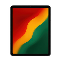Fototapete - Modern tablet displaying a vibrant abstract design with flowing red, yellow, and green color bands on its screen.