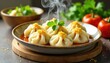© Sayfar - Steaming dumplings, vibrant vegetables, clean white backdrop, vibrant, spring rolls