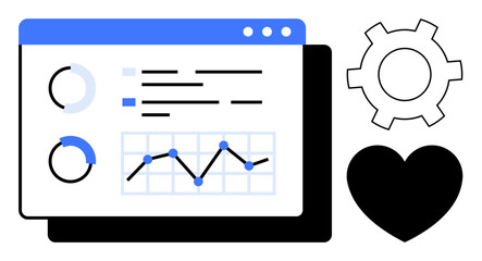 Dashboard interface with pie charts, line graph, text, gear, and heart symbol. Ideal for analytics, statistics, performance tracking, management development engagement simple landing page