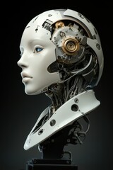 Poster - Elegant android portrait with visible gears and wires on a dark background in profile view