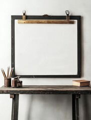 Poster - Blank paper on a clipboard on a rustic table with brushes and a book for your design needs