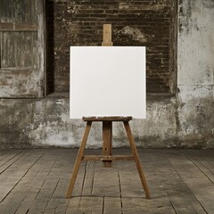 Poster - Blank Canvas on Easel in Rustic Studio Setting Ready for Artistic Creation and Expression