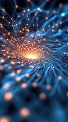 Poster - Abstract blue network with glowing orange nodes forming a central bright light source