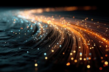 Poster - Vivid light streaks in orange and blue represent data transmission, creating a dynamic, futuristic atmosphere in a dark environment