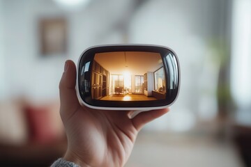 Poster - Hand holding a modern device showcasing a sunlit interior scene with cozy furniture