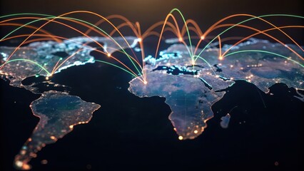 Poster - illuminated world map at night with interconnected light lines representing global communication and