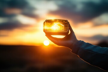 Poster - Hand holding a virtual house model at sunset, showcasing technology and innovation in real estate