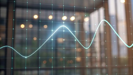 Poster - Digital financial chart graph analysis with line graphs and data points on transparent grid background in modern office setting