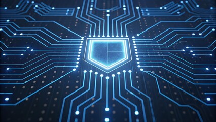 Poster - close-up of a glowing shield icon surrounded by digital circuit lines representing cybersecurity and
