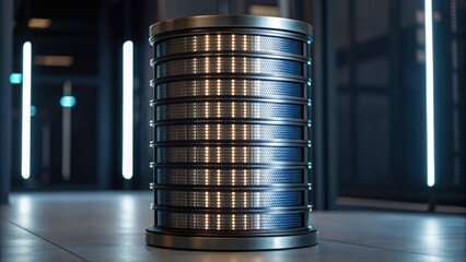 Poster - modern server rack with multiple hard drives or data storage units in a high-tech data center illumi