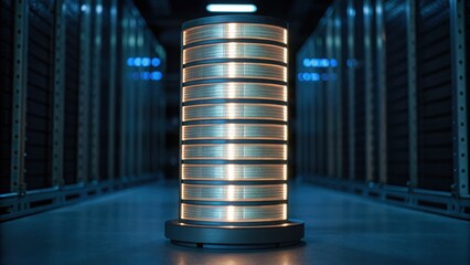 Poster - advanced computer server rack in a modern data center with illuminated hardware and cool blue lighti