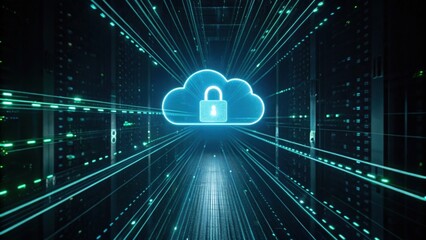 Poster - digital cloud computing security concept with lock icon in a futuristic cyber environment representi