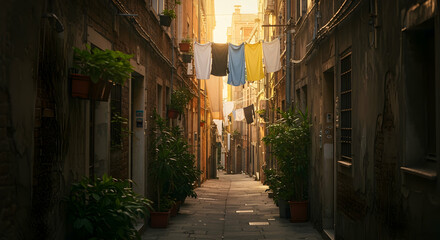 narrow alleyway with hanging laundry in warm sunlight old european town charming architecture travel