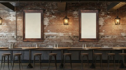 Poster - Interior of a stylish bar with brick wall and empty frames for mockups and stools for customers to sit