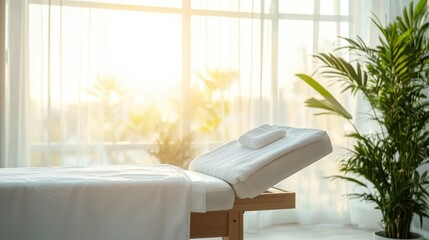 Aufkleber - Bright and Serene Spa Setting with Massage Bed and Natural Light for Relaxation and Wellness