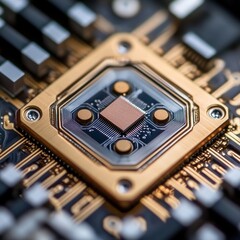 Fototapete - Detailed Macro Shot of a Modern Computer Processor on a Circuit Board with Gold Accents