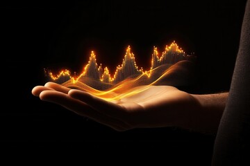 Poster - Hand holding glowing data visualization representing financial growth against a dark background