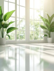 Fototapete - Serene Indoor Scene with Potted Plants and Natural Light Streaming Through Large Windows in a Minimalist Room