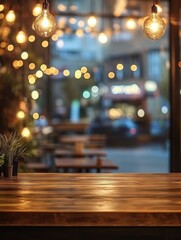 Aufkleber - Rustic wooden table in a cozy restaurant with warm lighting and blurred city view background