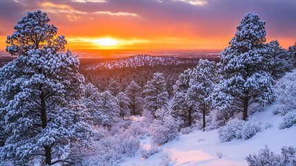 Aufkleber - Snow-covered pine trees at sunset, creating a serene winter landscape.  The warm light contrasts beautifully with the cold snow, conveying peace and tranquility